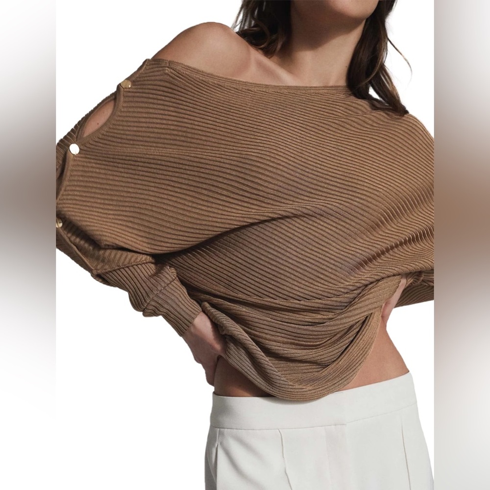 Reiss Brown Ribbed Off-Shoulder Top